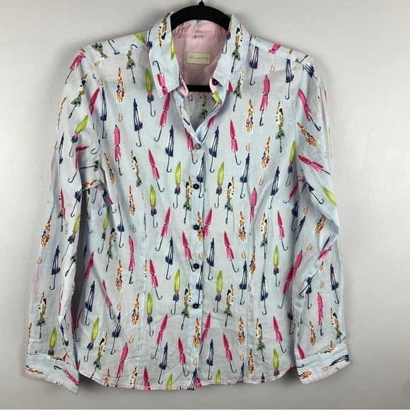 MILANO Italy Light Blue Pink Umbrella Button Down Cotton Shirt Small 38EU - Picture 2 of 13
